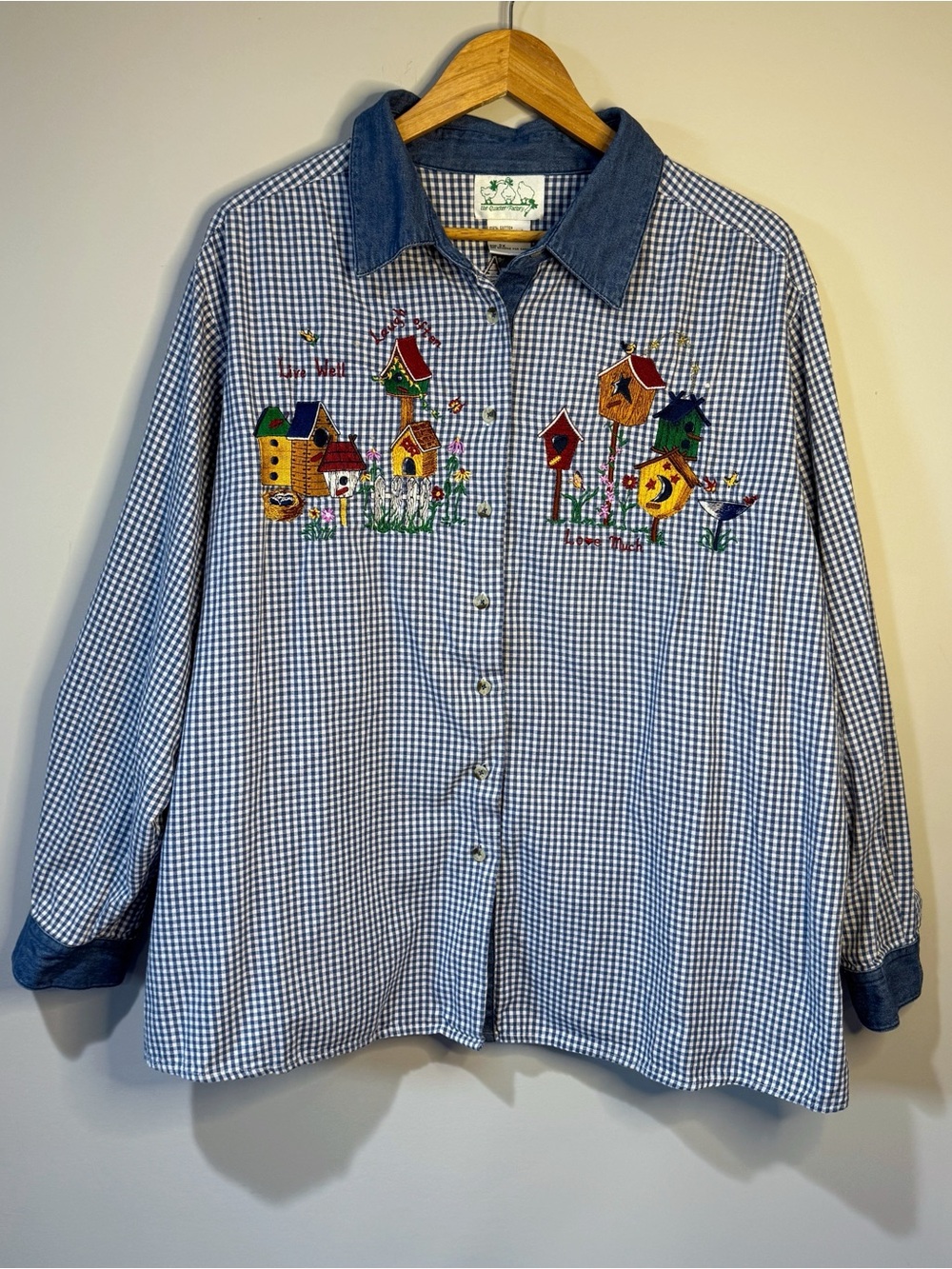 The Quacker Factory Birdhouse Embroidered Gingham Button Up Shirt Cottagecore 2X